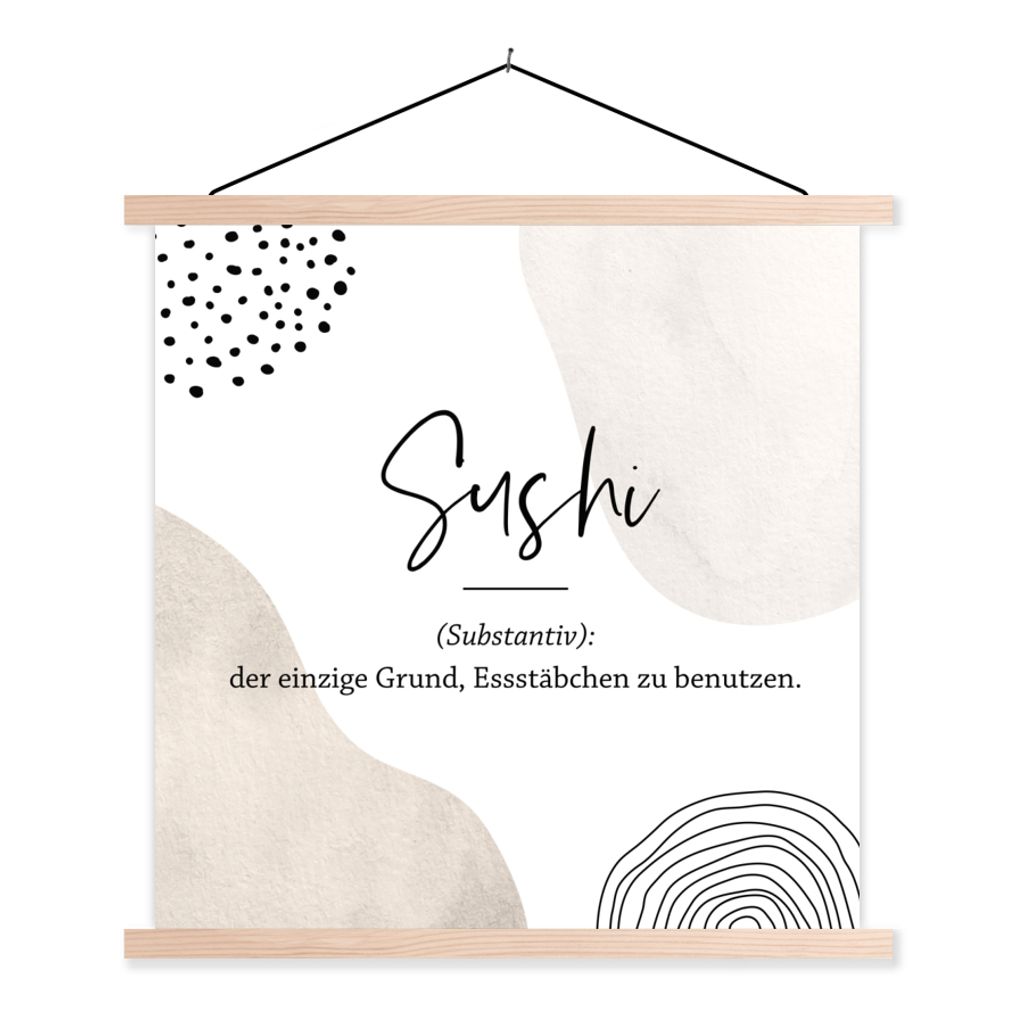 MuchoWow Textilposter Sushi - Zitate - Sprichwörter - Wörterbuch - Sushi Definition 120x120 cm mit holzfarbenen Rahmen - Textil-Poster