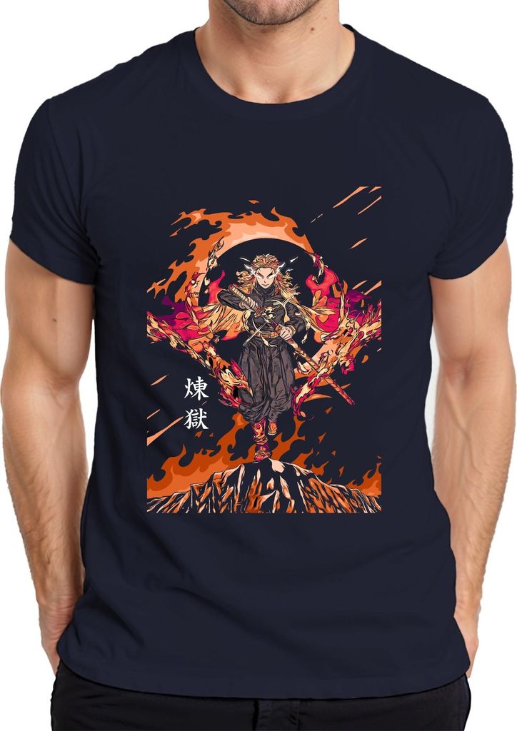 煉獄 Rengoku Hashira Anime Schwert Feuer Geschenk Sammler Herren T-Shirt, Navy, XL