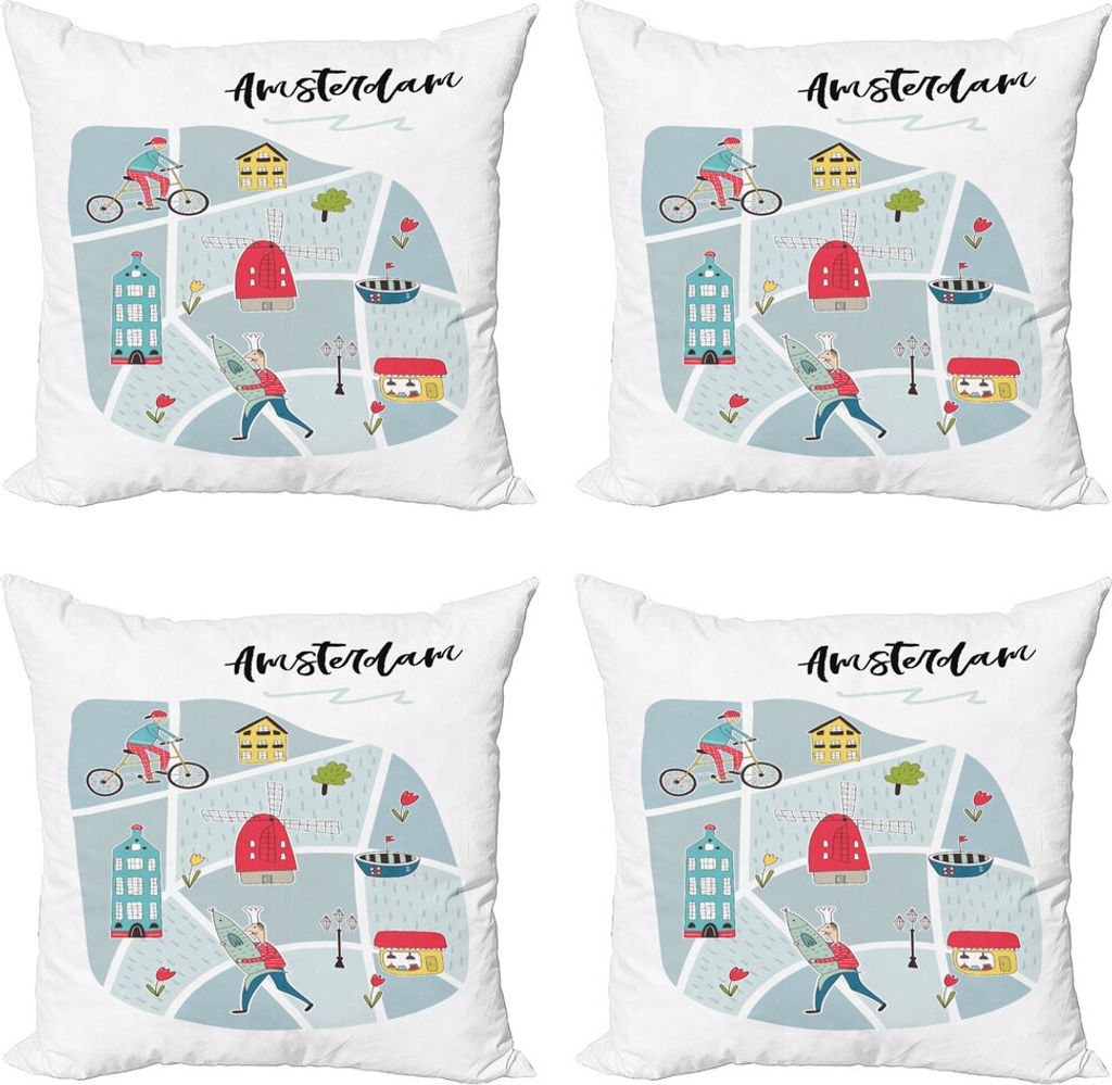 ABAKUHAUS Amsterdam Kissenbezug Set (4 Stück), Doodles der Männer Windmühle, Moderner Doppelseitiger Digitaldruck, 50 cm x 50 cm, Weiß und Mult...