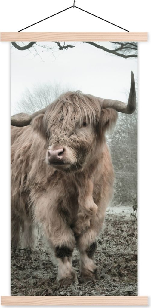 MuchoWow Textilposter Schottisches Hochlandrind - Wald - Nebel - Kuh - Tiere - Natur 60x120 cm mit holzfarbenen Rahmen - Holz