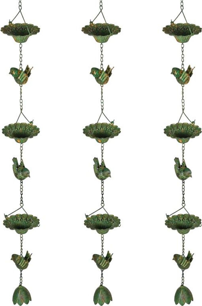 3er Set Regenkette 123cm Regenablaufkette aus Metall Ablaufkette mit befestigtem Aufhänger Vögeln Bell Grün