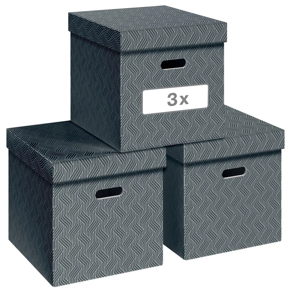 Coffret Rangement Cubique 29L Carton Recyclé - Lot de 3 - Gris Géom