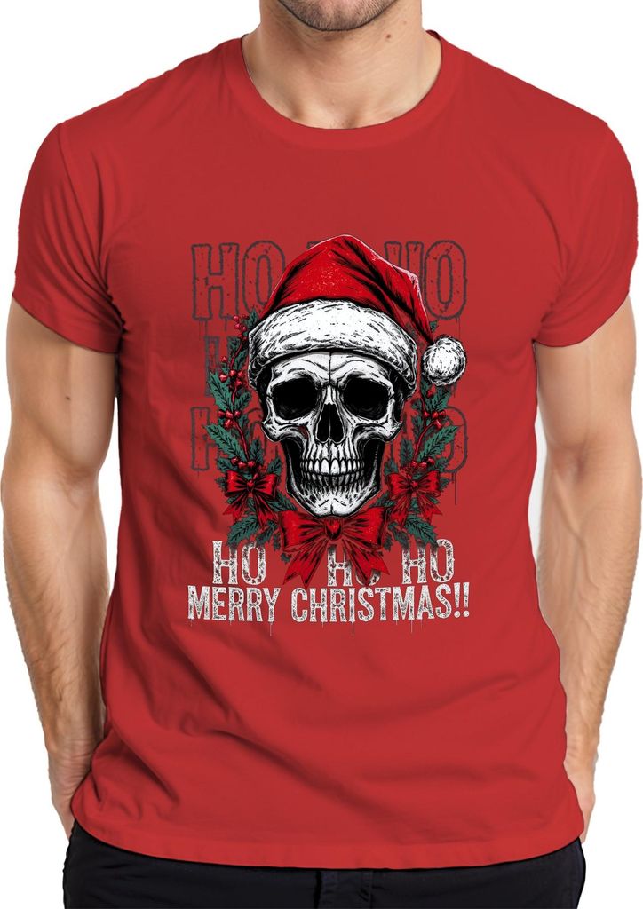 HO HO HO MERRY CHRISTMAS Totenkopf Weihnachtskranz Gothic böse Herren T-Shirt, Rot, M