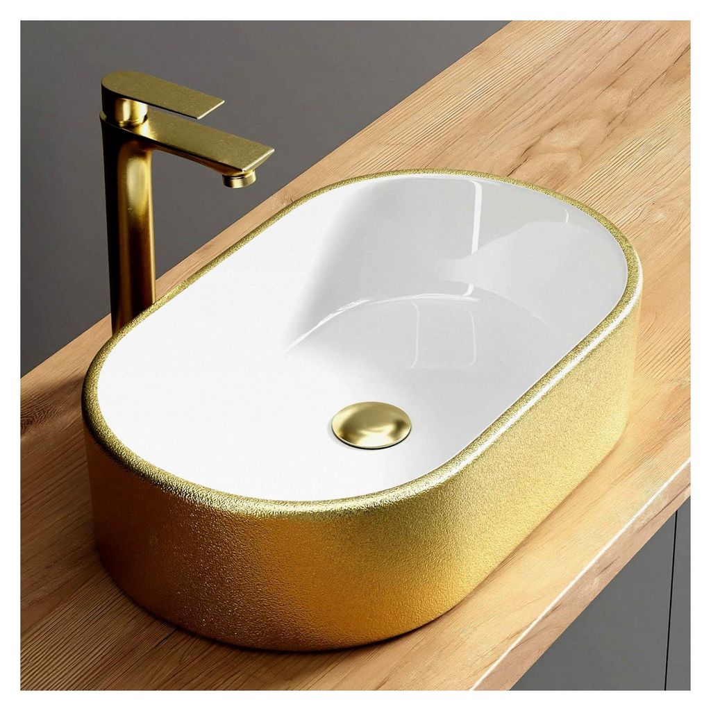 Ovales Waschbecken Aquil Elegant | Aufsatzwaschbecken für Badezimmer und Gäste-WC | Handwaschbecken ohne Hahnloch und Überlauf | Gold Weiß, 55 ...