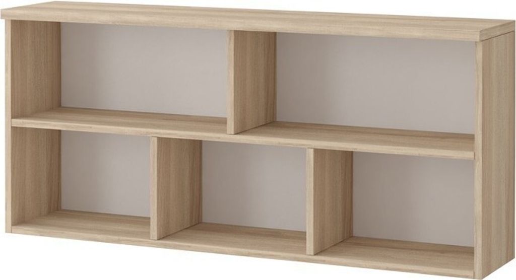 A light brown, modular shelving unit with five compartments against a white background.
