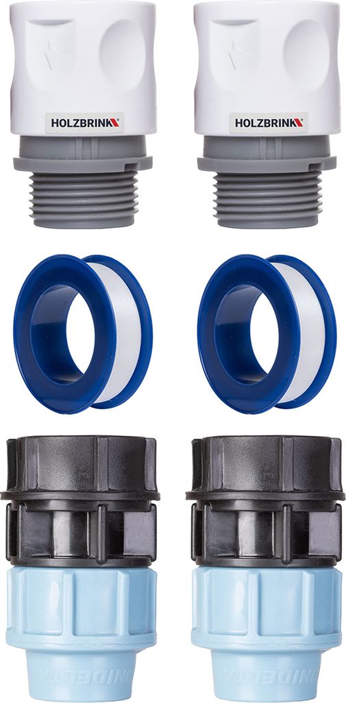 HOLZBRINK Set zum Anschluss von Verlegerohr 25mm an den Wasserhahn: 2x Schnellanschluss 20mm, 2x Verbindung PE 20mm auf 25mm, 2x Teflonband