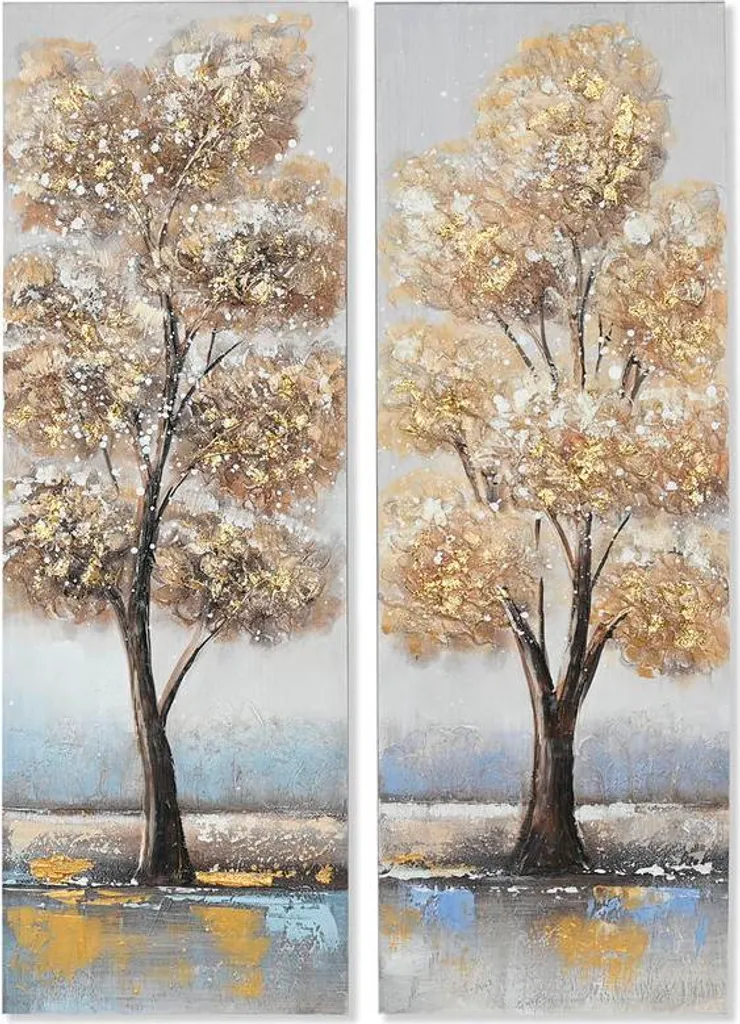 Tableau Arbre Traditionnel ESPRIT Gold Canvas et Bois 30x90cm - 2 Unités