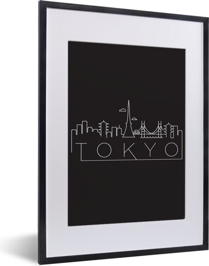 MuchoWow MuchoWow Gerahmtes Poster Skyline "Tokio" weiß auf schwarz 30x40 cm - Poster mit zchwarzem Bilderrahmen - Wandposter Schlafzimmer