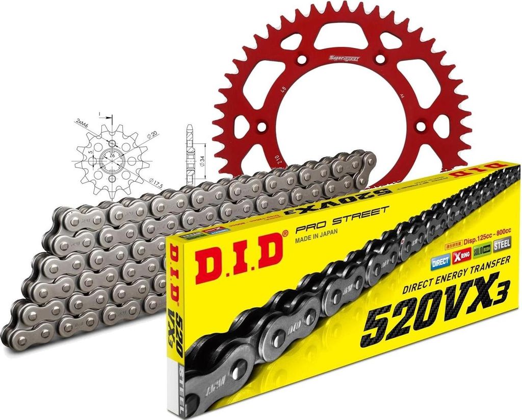 DID Kit Alu (rot) Kompatibel mit Honda XR250 R 90-95 13-48-108 DID520VX3 Endlos