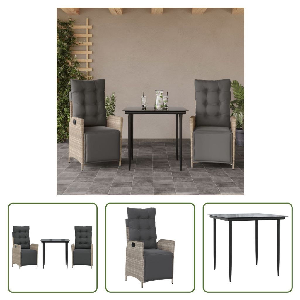 The Living Store 3-tlg. Garten-Essgruppe mit Kissen Hellgrau Poly Rattan