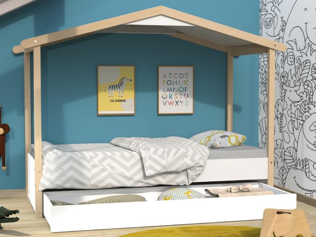 HAUSBETT CASTEL MIT SCHUBLADE/ SPIELBETT 90x190 - Weiß und naturfarben