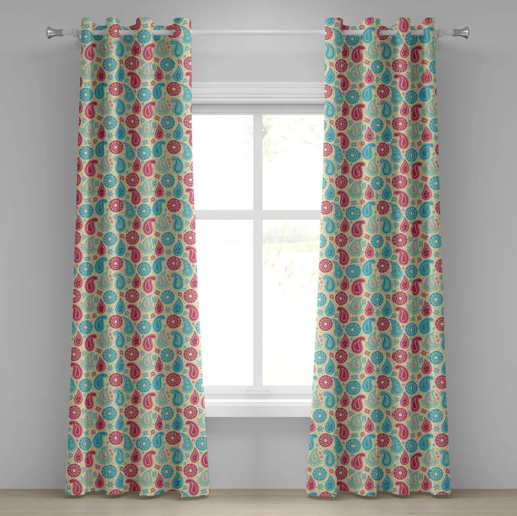 ABAKUHAUS Tenda con occhielli Paisley, motivo retrò e fiori in stile etnico, stampa artistica, tende decorative a 2 pannelli, 280 cm x 245 cm, turchese rosa crema