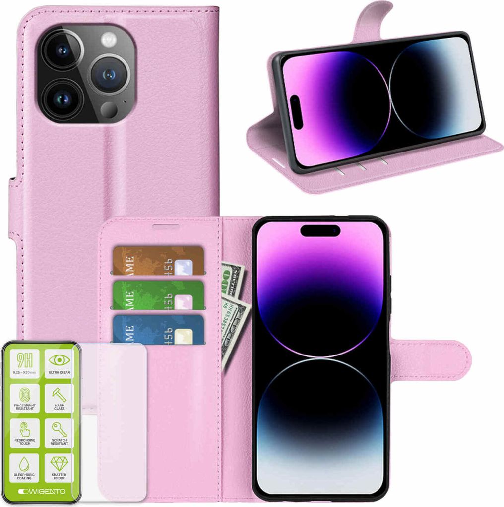 Für Apple iPhone 15 Pro Max Handy Tasche Rosa Etuis Kunst-Leder Hülle Case + H9 Hart Glas