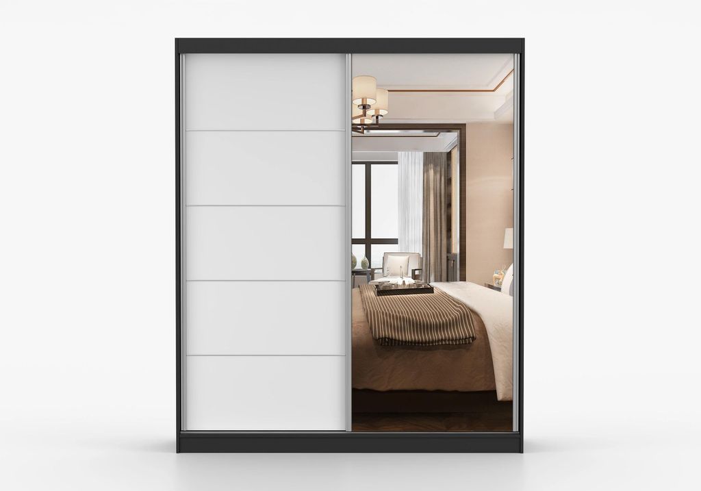 Kleiderschrank SELLA 183x61 cm Schwebetürenschrank mit Spiegel, 2-türig, Schwarz/Weiß, Spiegelschrank Schlafzimmerschrank