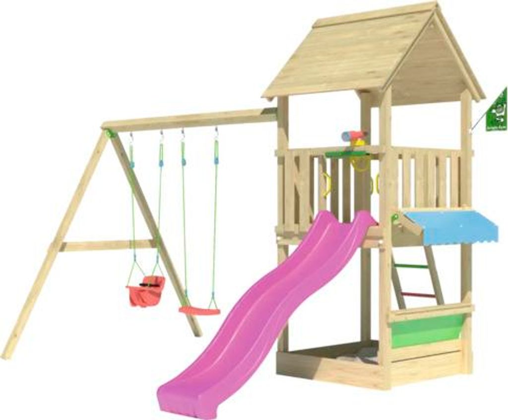 Doppelschaukel Spielhaus mit Stelzen Jungle Gym 383 x 347 cm Holz fuchsia