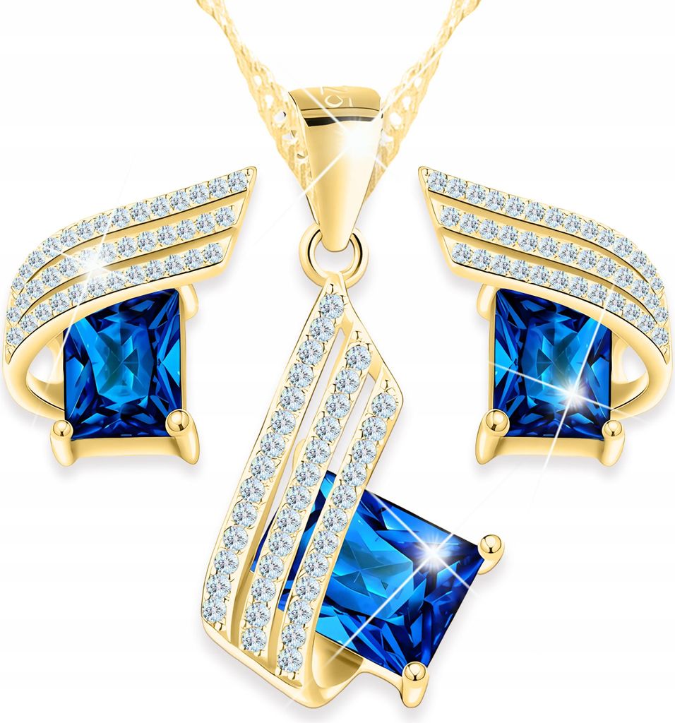 Ensemble collier en or avec cristal bleu et boucles Image du produit 