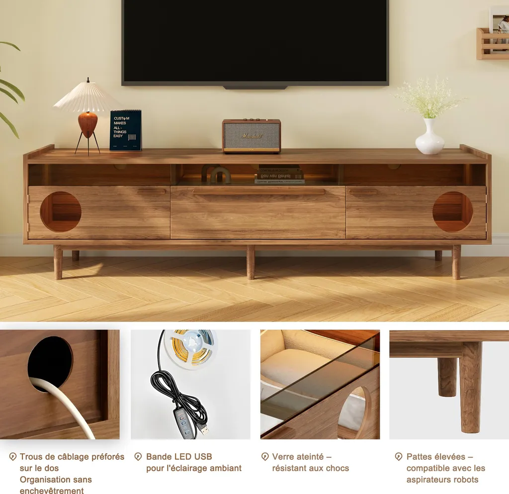 Grand Banc TV Moderne Noyer 180 cm avec LED et Abri pour Chat Intégré