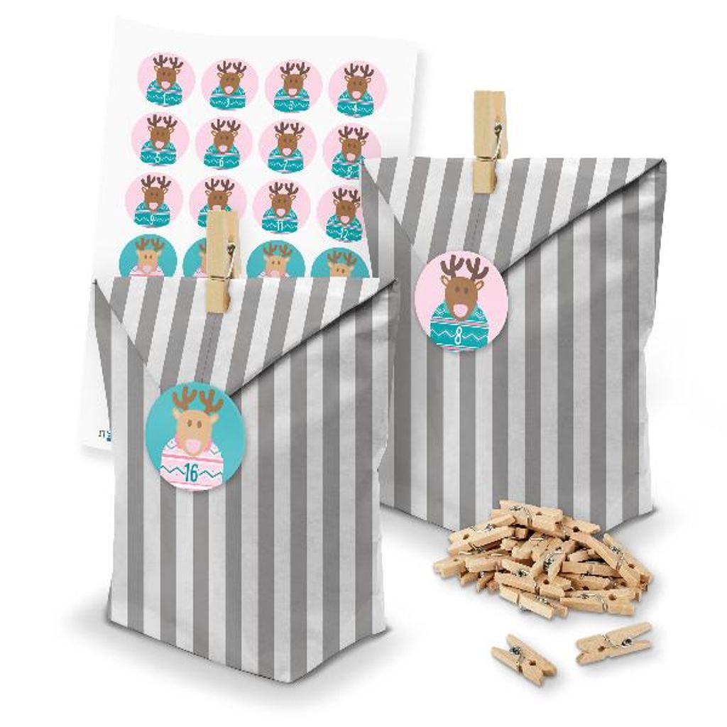 itenga SET Adventskalender 24 x Tüten Streifen + Klammern + Zahlensticker (Z44)