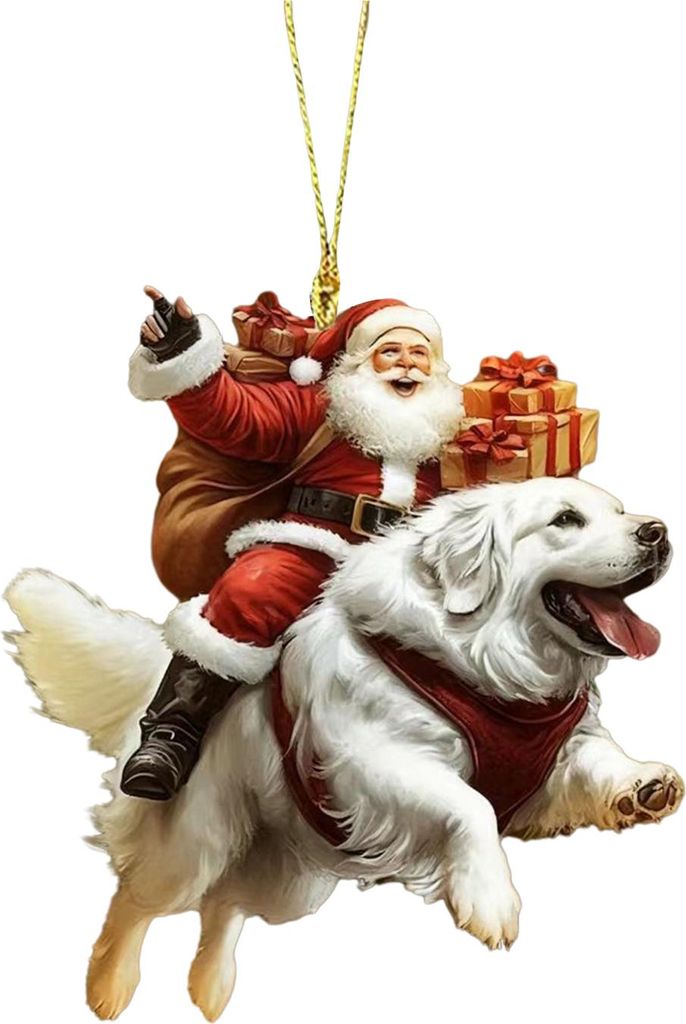 Weihnachtsschmuck mit Weihnachtsmann und Hund, lustiger Weihnachtsmann auf einem Welpen, 2D-Acryl-Tier-Weihnachtsdekoration zum Aufhängen für Hun...