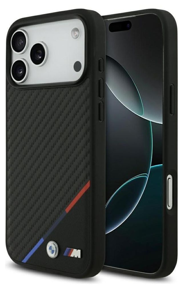 A black BMW branded phone case is shown next to a smartphone.