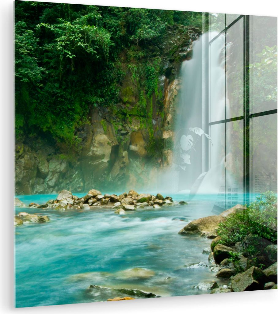 MuchoWow Glasbilder - Bilder auf Wandbild - Foto auf Glas Dschungel - Natur - Wasserfall 50x50 cm Wanddekoration aus Glas - Acrylglasbild - Acrylbi...
