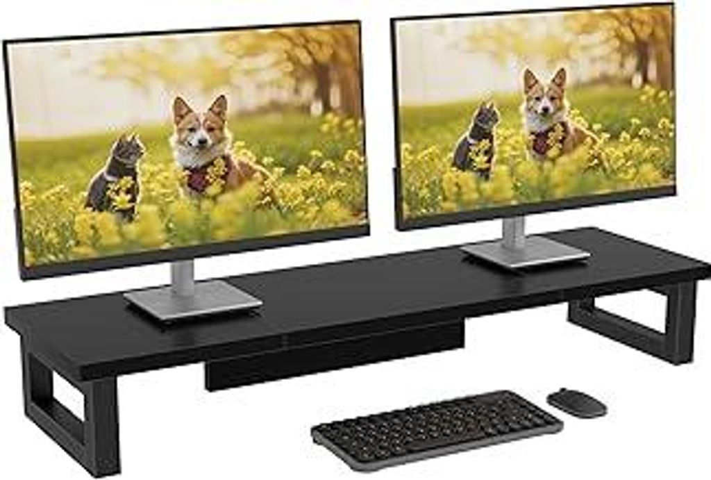 OYRREU Bildschirmerhöhung 2 Monitore, 91x26cm Monitor Erhöhung Schreibtisch Monitorständer Schwarz Computer Monitor Stand, Monitor Riser TV PC B...