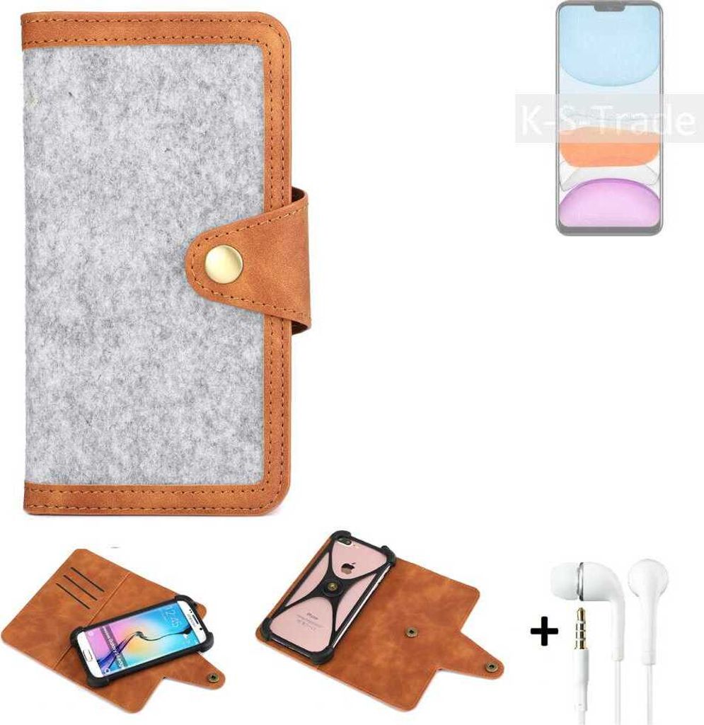 K-S-Trade Handyhülle + Kopfhörer kompatibel mit Meizu M10S Schutzhülle Filz Hülle Kunstleder hellgrau braun (1x)