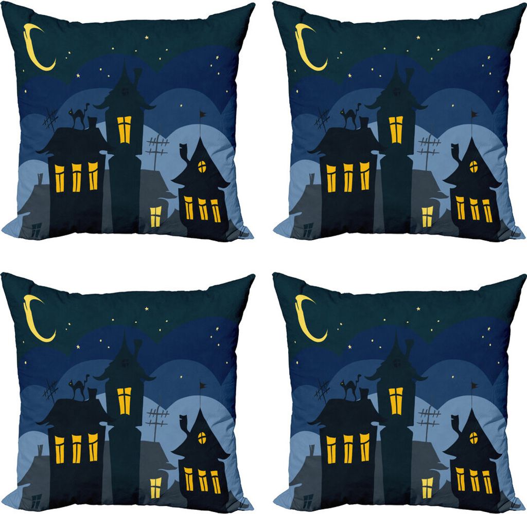 ABAKUHAUS Halloween Kissenbezug Set (4 Stück), Cartoon Stadt mit Katze, Moderner Doppelseitiger Digitaldruck, 40 cm x 40 cm, Schwarz, Gelb, Blau