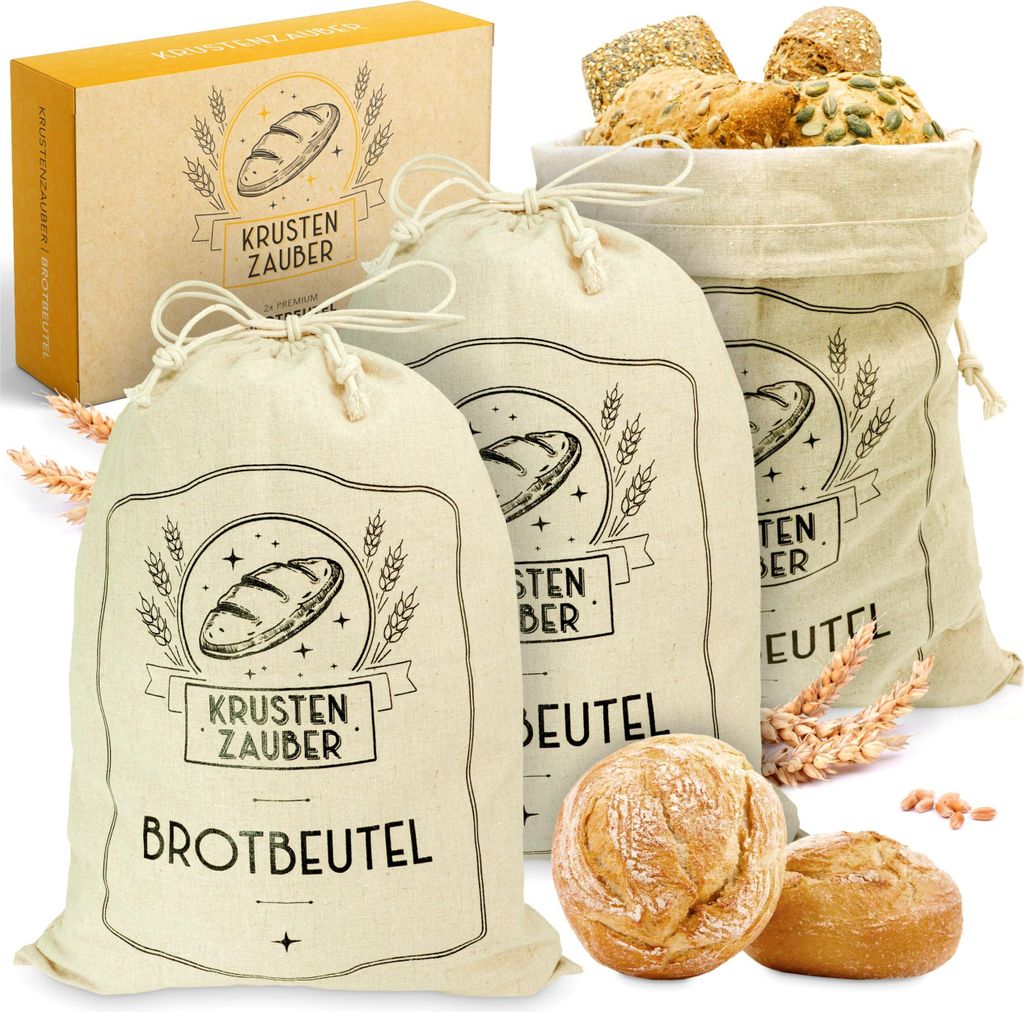 KRUSTENZAUBER Brotbeutel Leinen 3er Set - 3x Leinenbeutel 40x30cm zur Brotaufbewahrung - Idealer Brotsack, Brötchenbeutel, Brot Backen Zubehör Br...