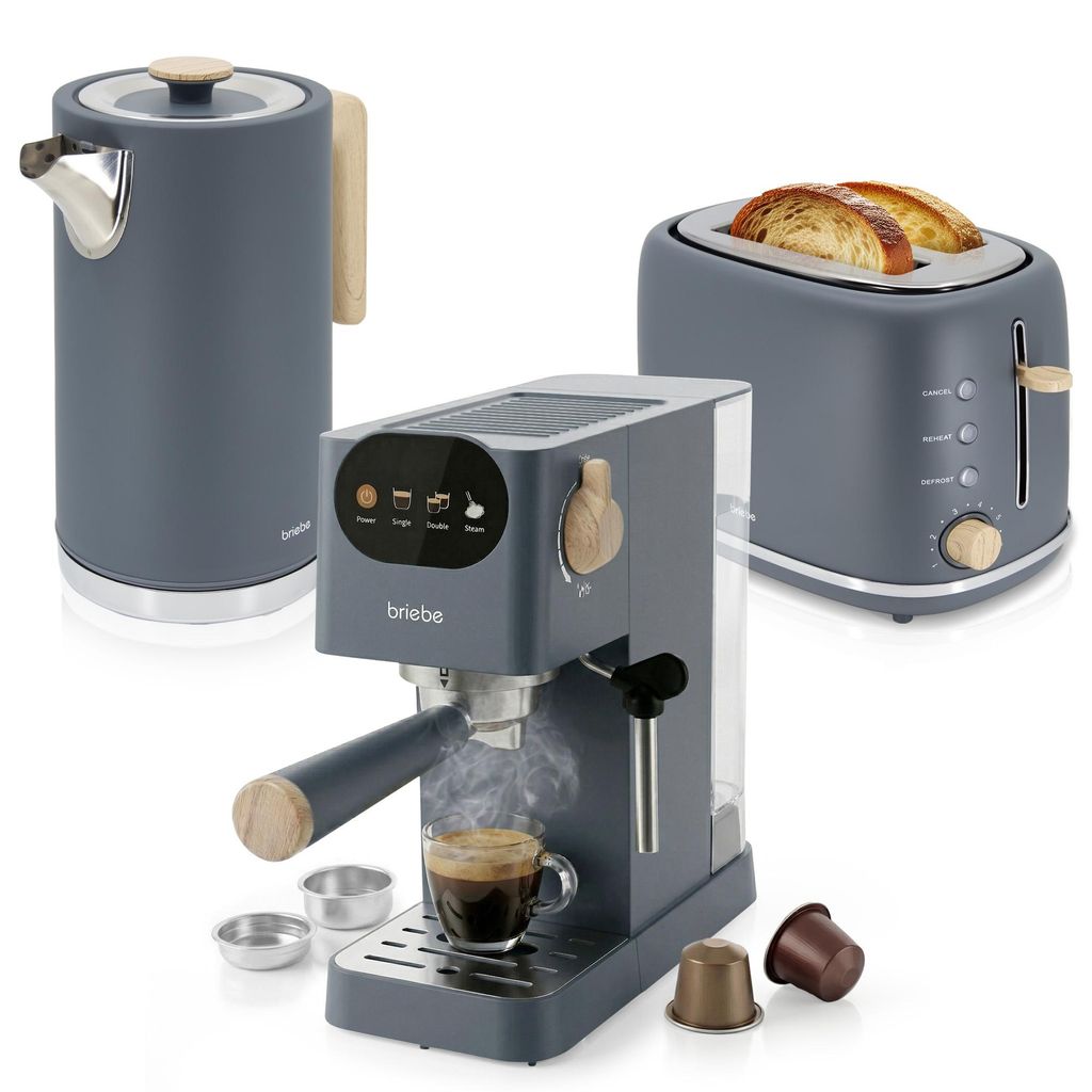 Briebe SKT1209GRY Nordic Set Espressomaschine 20 Bar, Toaster für 2 Scheiben, Wasserkocher 1,7 L Grau