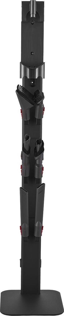 A black vacuum cleaner stand with multiple accessory holders.