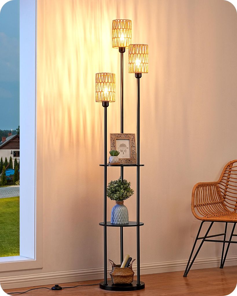 EDISHINE Stehlampe Wohnzimmer, 3-flammige Vintage Stehleuchte mit Regal, 178 cm