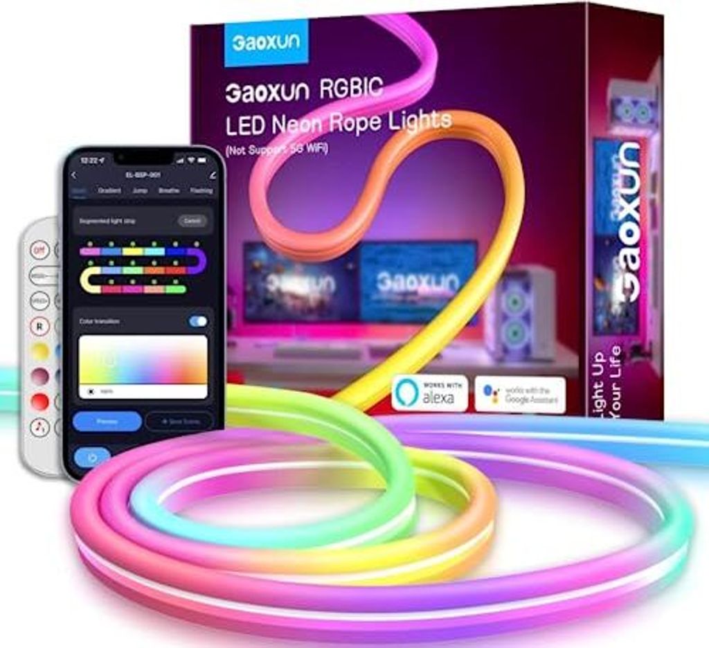 Gaoxun Neon LED -Streifen 3 M, RGBIC WiFi App Control, wasserdichtes IP65, DIY -Funktion, Musiksynchronis