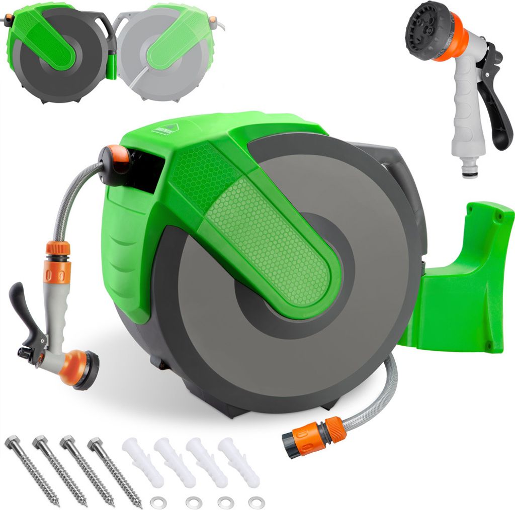 GARDEBRUK Schlauchtrommel 30 + 2m Schlauchaufroller Wasser Handbrause 7 Funktionen 180° Schwenkbar Aufwickelstopper Gartenschlauch