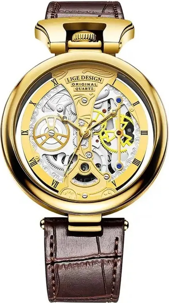 Montre LIGE Harold Dorée avec Bracelet Cuir Marron - Finition Luxe