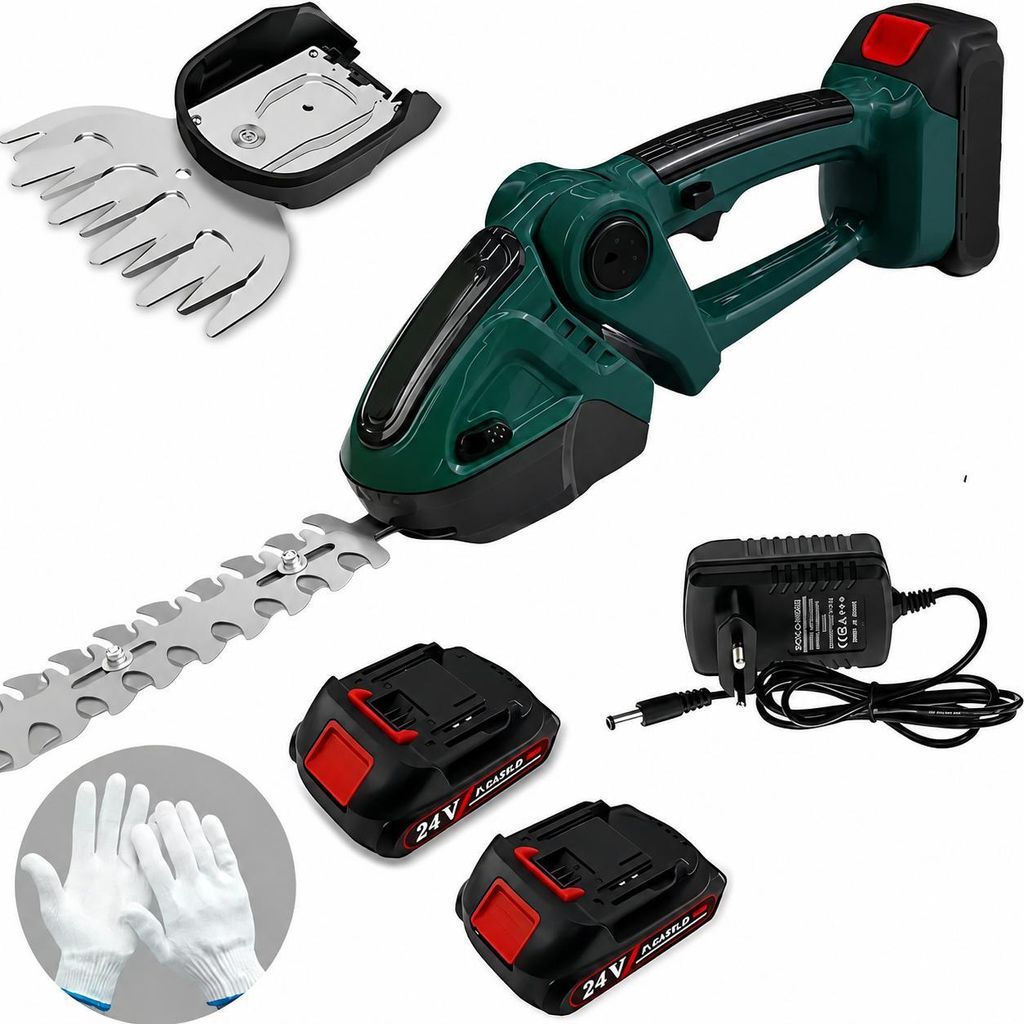 2 in1 Elektrischer Heckenschneider mit 2×2000mAh Akkus,3/4" Schnitt,Sicherheitsschalter,verstellbarem drehbarer Kopf (8 Winkel) ,leicht&leise,24V