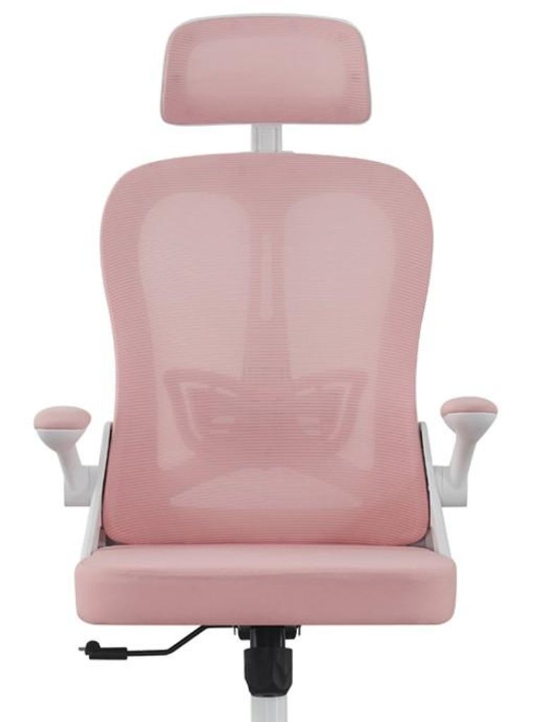 A pink ergonomic office chair with a white frame and headrest, shown from the front against a white background.