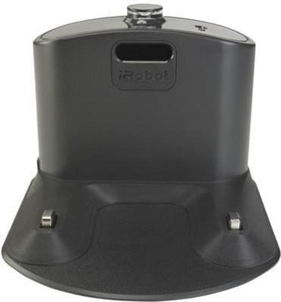 A black iRobot charging station is shown against a white background.