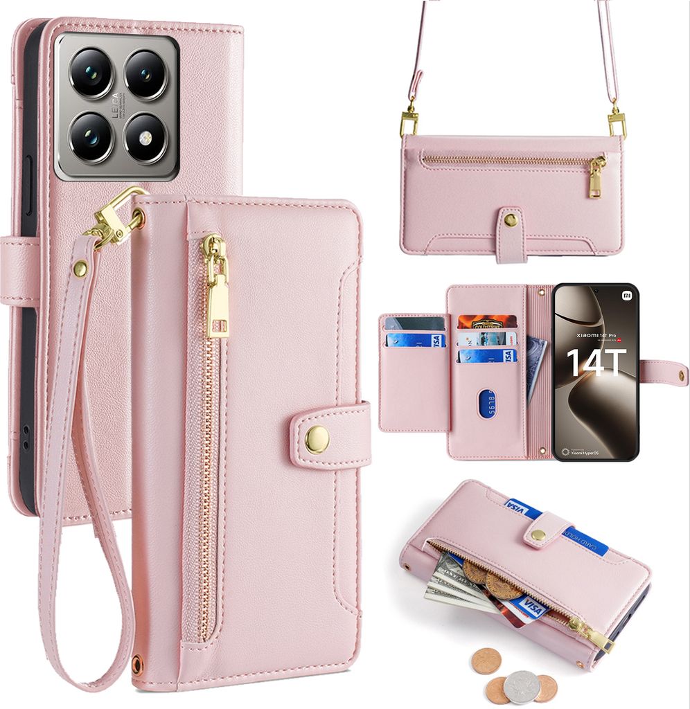 Handykette für Xiaomi 14T Pro – Kunstleder Hülle mit Band, Kartenfächer & Umhängetasche Rosa