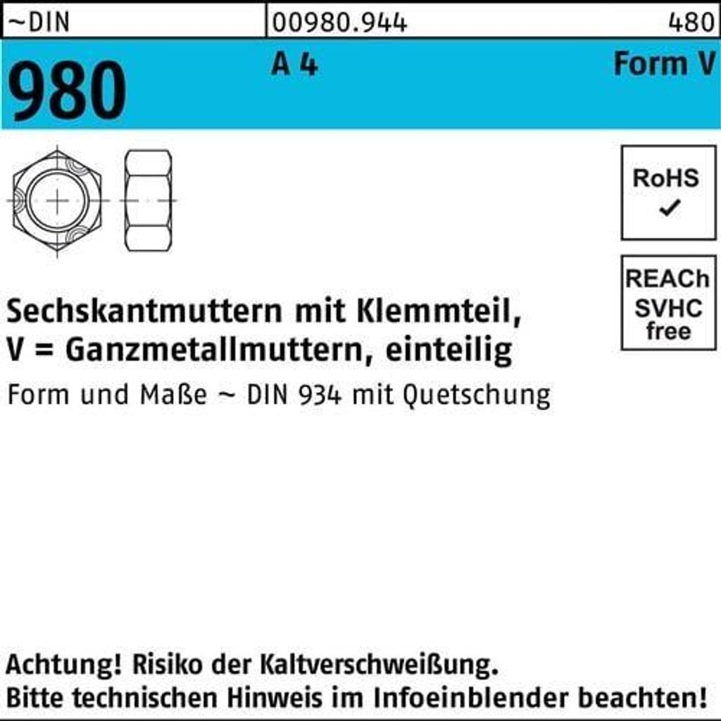 Reyher Sechskantmuttern DIN 980 A 4 V M 10 DIN 934 A 4 (500 Stück)