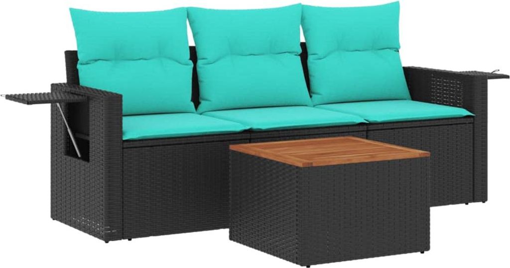 4-teiliges Gartensofa-Set mit Kissen, schwarzes Polyrattan