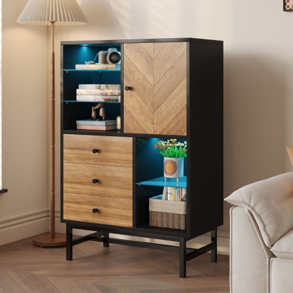 ProximaX Küchenvitrine mit 12-färbigem LED-Licht, Schubladen und dreieckigem Holzdesign: Glasböden für Eleganz