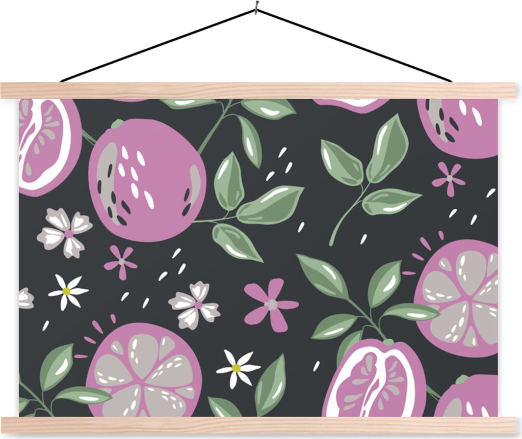 MuchoWow Textilposter Sommer - Blumen - Obst - Schwarz 60x40 cm mit holzfarbenen Rahmen - Bilder
