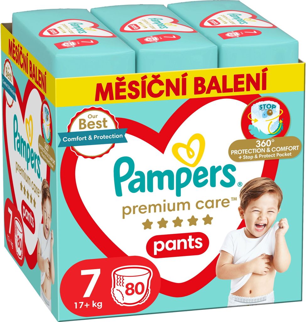 A box of Pampers Premium Care Pants diapers.