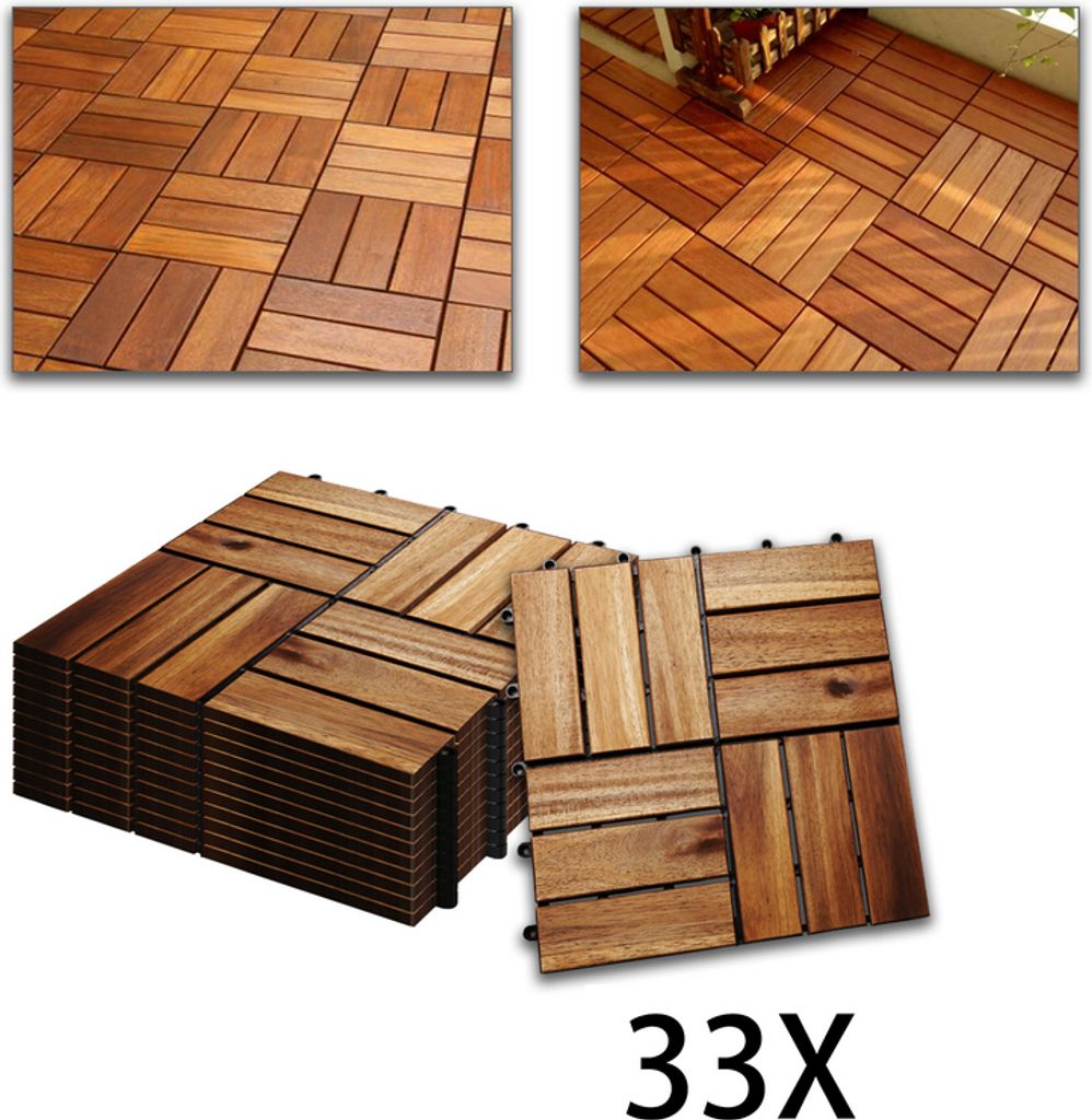 TolleTour 3m² Terrassenfliese Holzfliesen Mosaik Akazienholz Fliese 33 Stück 30x30 cm Balkonfliesen Gartenfliesen Terrassenfliesen für Garten Te...