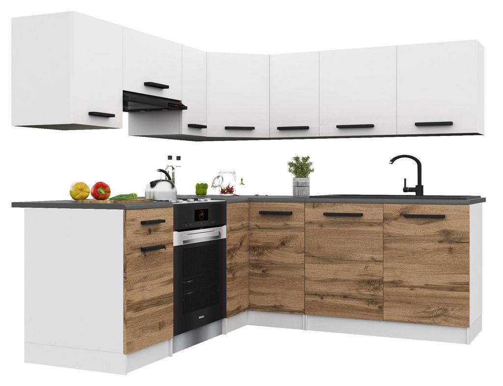 Belini Moderne Küchenzeile Küchenblock ITALIA 6 - Küchenmöbel 360cm Weiß-Goldbraun Matt - Einbauküche mit Hängeschränke, Unterschränke & A...