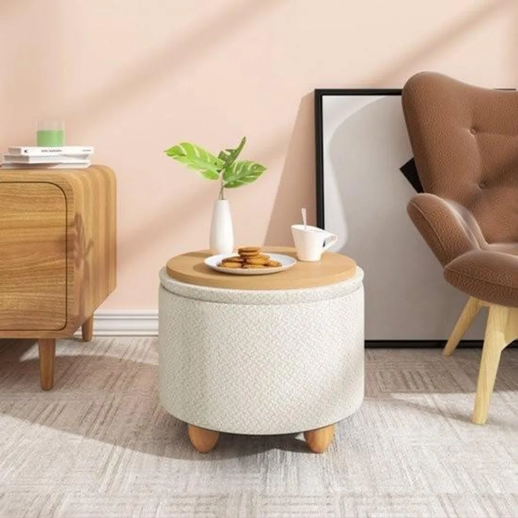 Pouf en lin crème avec espace de rangement caché - Structure stable