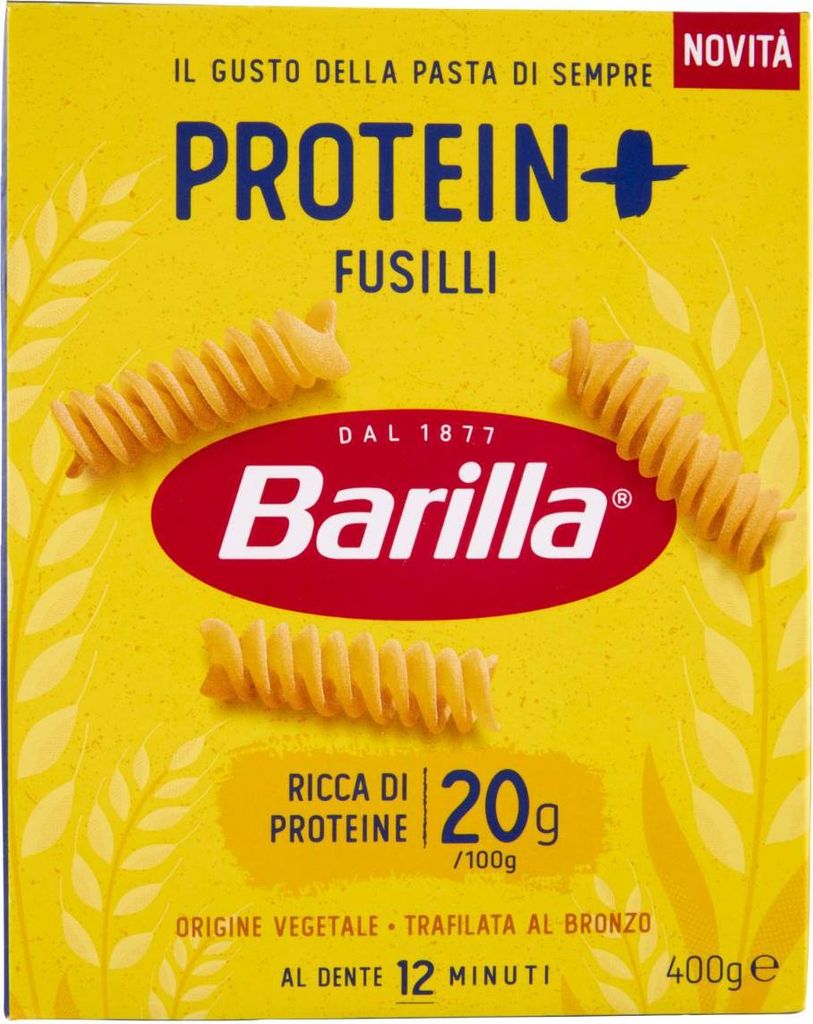 A box of Barilla Protein Plus Fusilli pasta.