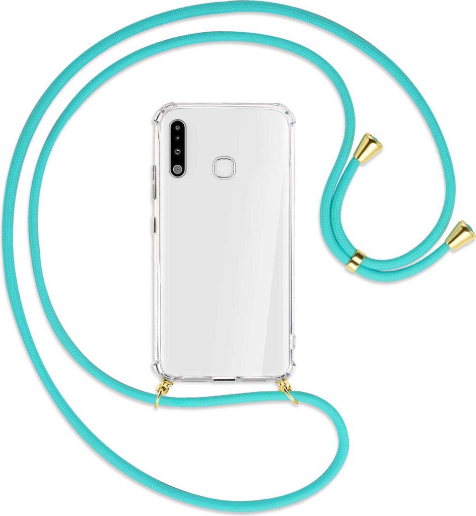 Handykette Backcover-Schutzhülle mit Band (Metall goldfarben) für Samsung Galaxy A70e - türkis