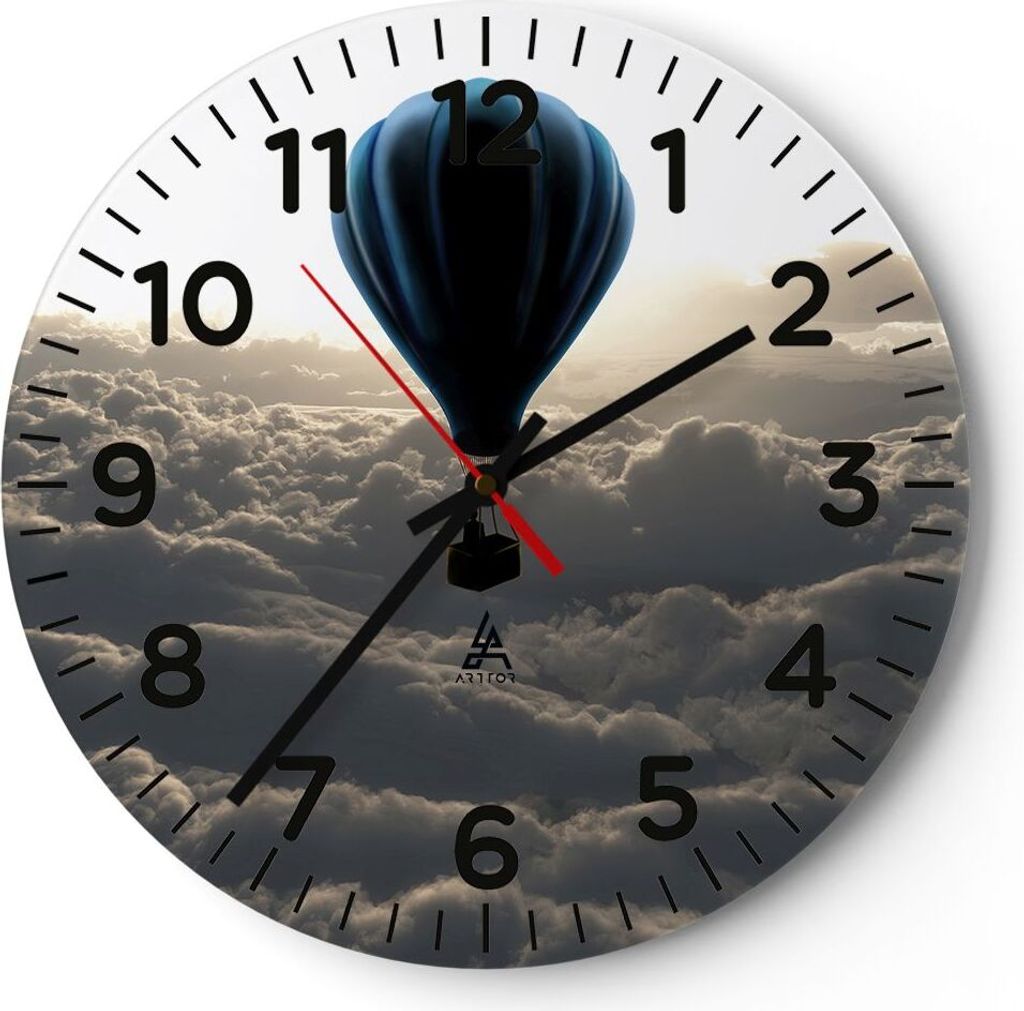 Wanduhr - Rund - Glasuhr - Wolke Ballon Himmel - 30x30cm - Schleichendes Uhrwerk - Lautlos - zum Aufhängen bereit - Dekoration Modern - Wanddekora...